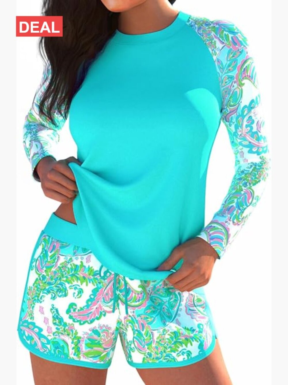 Two Piece Long Sleeves Rash Guard Paisley Print Sun Protection Swimsuits with
